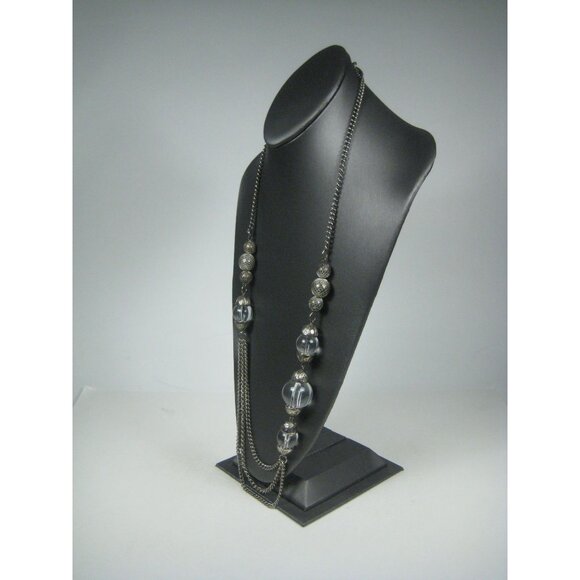 Silvertone Multi Strand Chain Necklace Clear Lucite Beads Mesh Spheres 33 inch - Picture 9 of 11